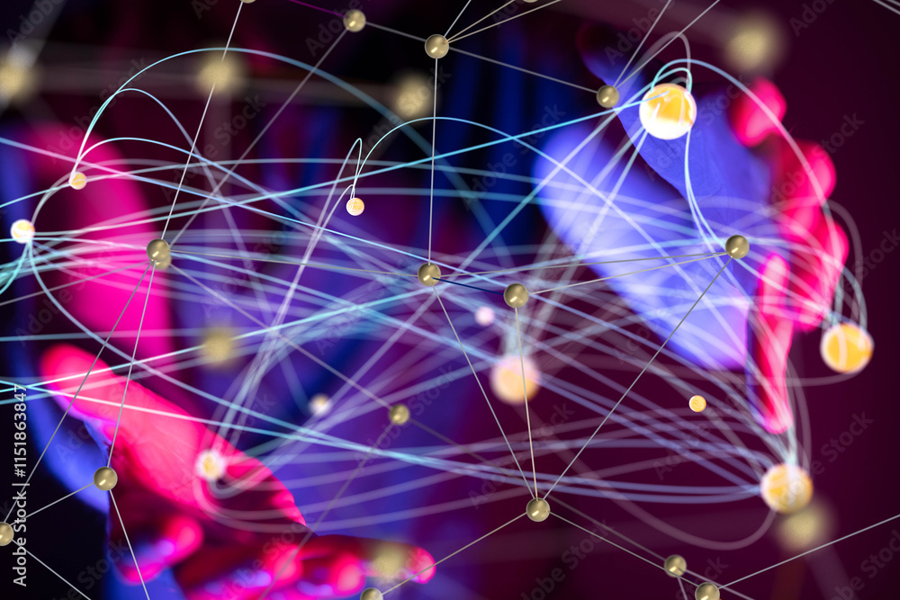 Poster Global network. Blockchain. 3D illustration. Neural networks and artificial intelligence. Abstract