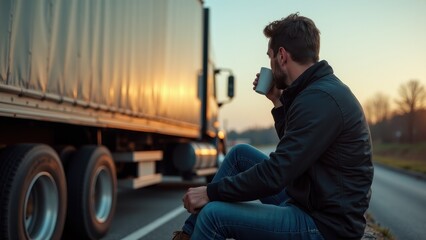A truck driver taking a break at a rest stop, sipping coffee beside their parked vehicle