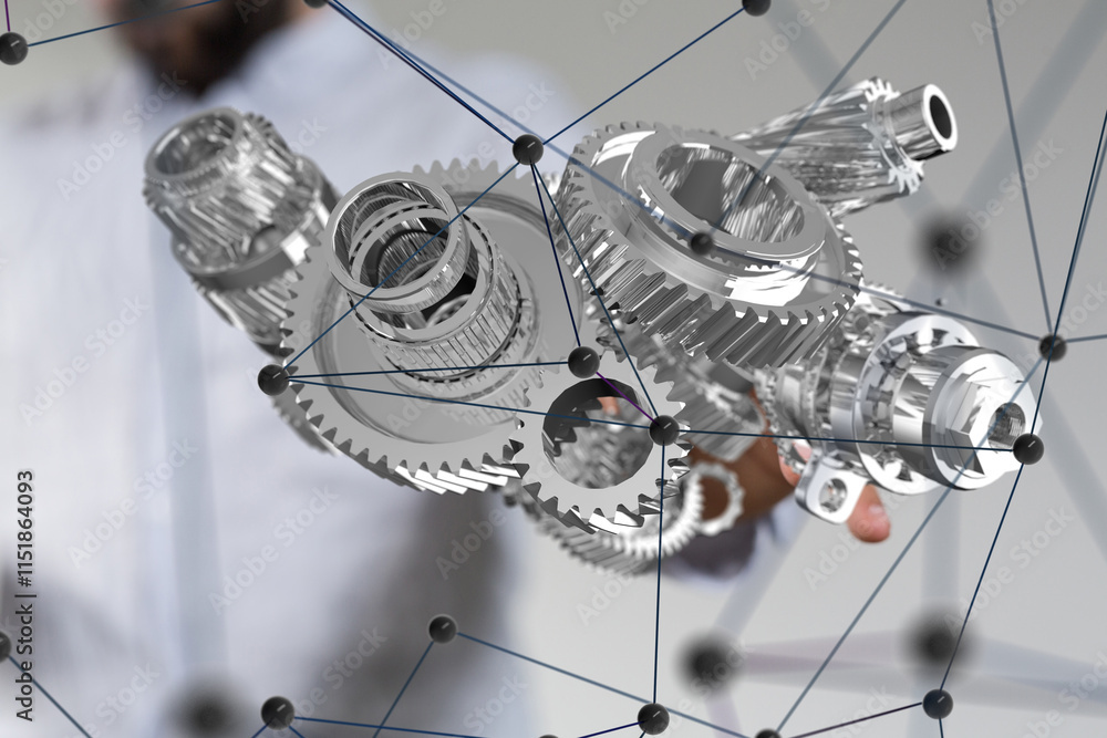 Poster gear system data. Connecting lines and dots.Big data visualization
