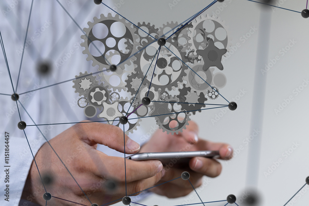 Poster gear system data. Connecting lines and dots.Big data visualization