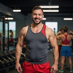 A close-up image of a 35-year-old obese man wearing coordinating gym attire smiles while working out set against an ambiently lit gym backdrop filled with other people exercising