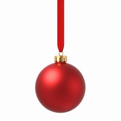 Red Christmas Bauble Hanging on Red Ribbon, isolated on white background.Christmas advertising, greeting cards, decorations, holiday promotions. holiday cheer. warmth. festive spirit