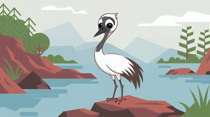 cute crane bird standing on a rock near the water, cartoon style illustration