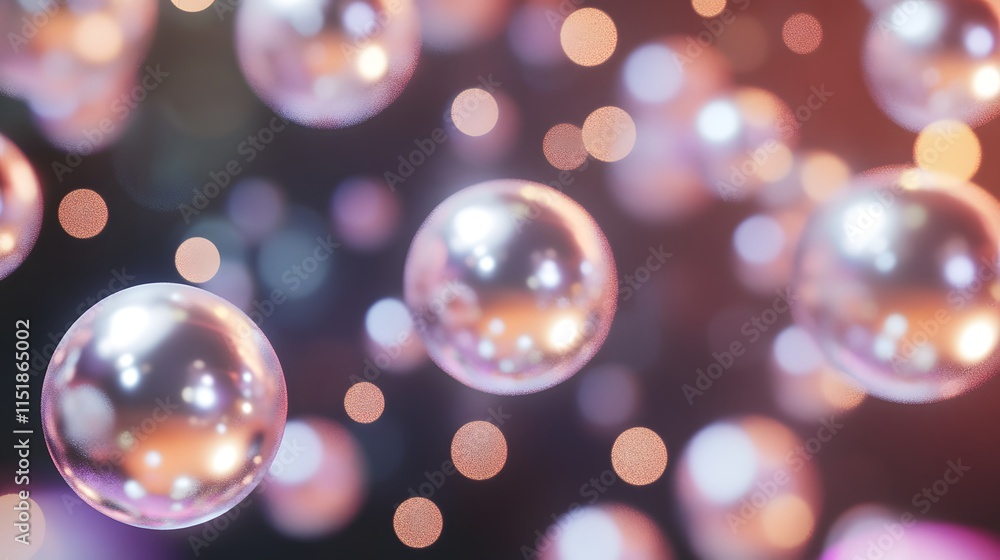 Poster shimmering spheres float in a bokeh filled space