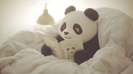 Cute Adorable Little Panda Reading in Watercolor Style Illustration