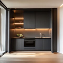 Modern Minimalist Kitchenette With Dark Cabinets And Integrated Appliances