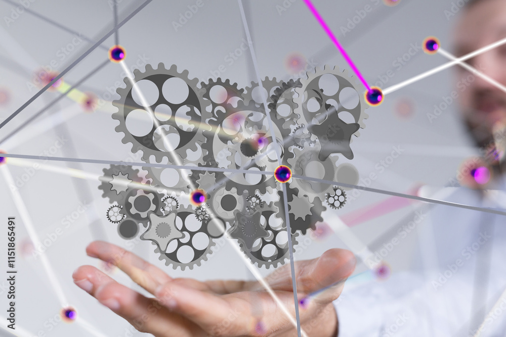 Poster gear system data. Connecting lines and dots.Big data visualization  - 3d