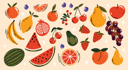 Set of various fruits vector illustration in cartoon groovy funky style. Different autumn or summer harvest market healthy food like apple, pear, cherry, strawberry, grape, peach, blueberry