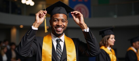 Fototapeta premium Cheerful African American male graduate in cap gown