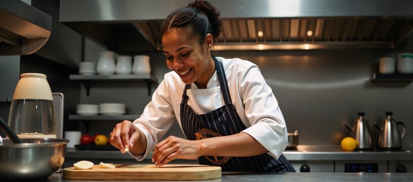 African-American female chef preparing gourmet dish amidst sleek stainless-steel kitchen