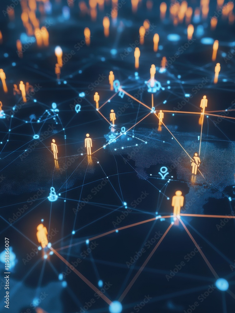 Aufkleber network of interconnected people represented through glowing points on a digital map