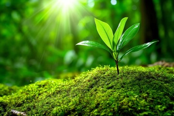 A lush green forest with sunlight streaming through the dense canopy, highlighting the vibrant moss-covered ground