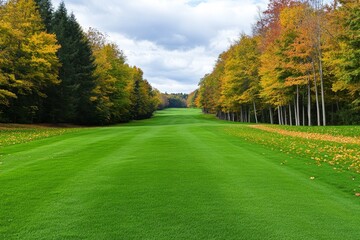 A lush golf course bordered by vibrant autumn trees, with fallen leaves scattered across the green