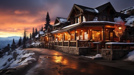 Fototapeta premium Mountain Lodge at Sunset: A Winter Wonderland