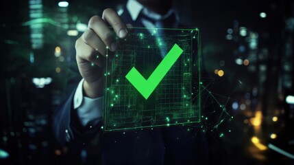 Digital checkmark displayed by a business professional against a futuristic city background during nighttime