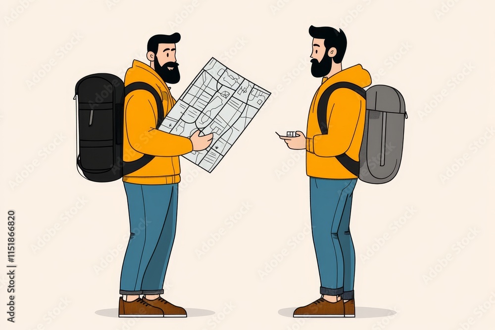 Poster a minimalist flat vector design of a guide holding a map, drawn with bold geometric shapes and a cle