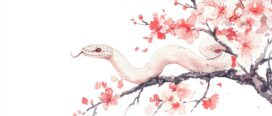 Chinese Lunar New Year. A snake coiled on a branch adorned with pink blossoms.