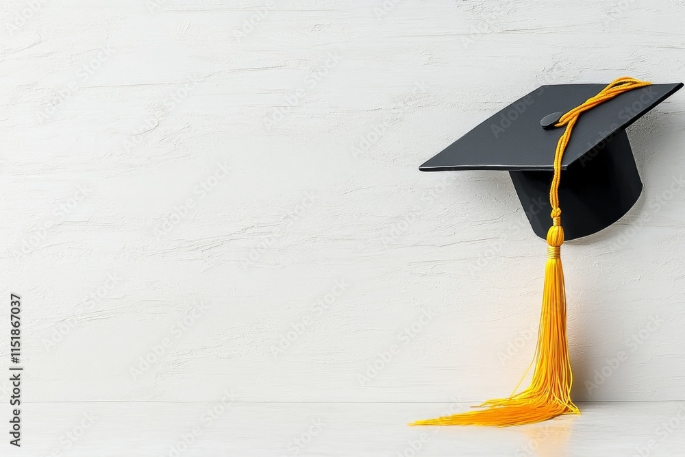 Poster a minimalist illustration of a single graduation cap with a tassel, drawn in clean lines and subtle 