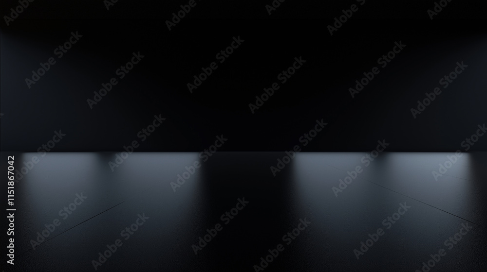 Poster a dimly lit space with a glossy surface reflecting faint lights, creating a mysterious and modern at