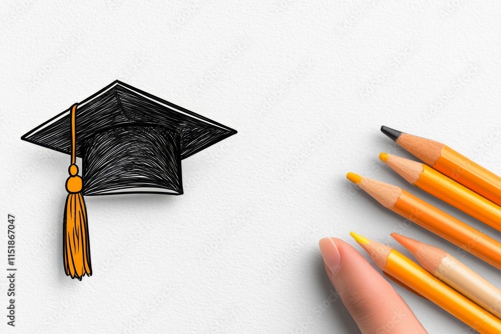 Poster a minimalist illustration of a single graduation cap with a tassel, drawn in clean lines and subtle 