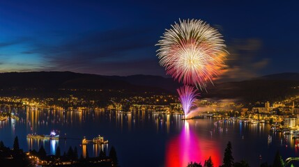 City Skyline Celebrations: Fireworks over Lake with Reflective Lights, Serene Boats, and Moonlit Beauty