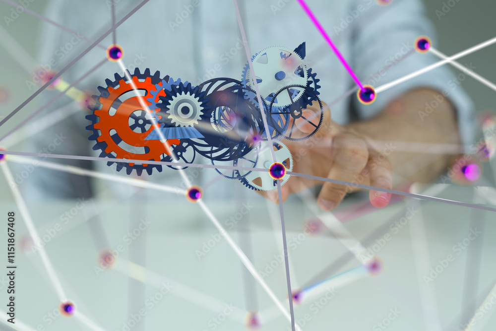 Poster gear system data. Connecting lines and dots.Big data visualization  - 3d