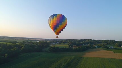 Colorful Hot Air Balloon Soaring Over Rural Landscape