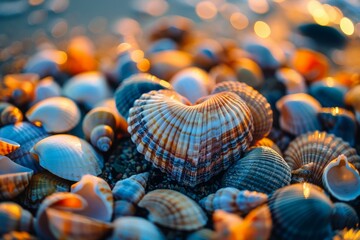 Close up of beautiful heart shaped seashell surrounded by various colorful shells on sandy beach during sunset, creating romantic and serene atmosphere