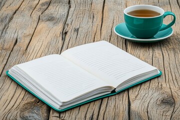 Naklejka premium A personal growth journal open to a page with inspirational notes and goals, accompanied by a cup of tea on a wooden desk