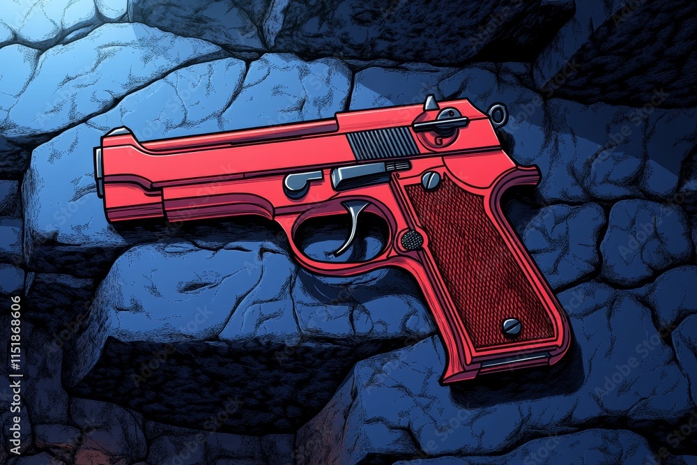 Poster A pixel art depiction of a retro handgun with glowing highlights, set against a simple 8-bit background of an action game