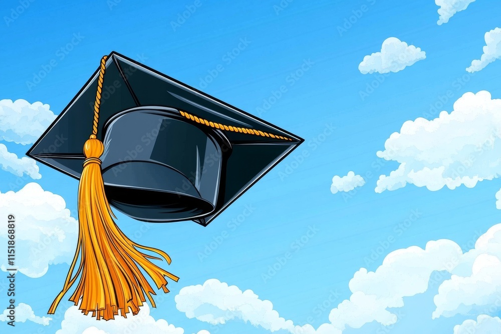 Poster a pixel art representation of a graduation cap with a golden tassel, animated to sway gently, set ag