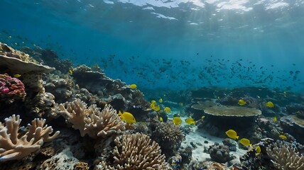 Naklejka premium Calm Ocean With Crystal-Clear Water, Where Colorful Coral Reefs Can Be Seen Through The Surface, And Small Fish Swim Peacefully