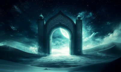 A Mystical Gate Surrounded by Vast Desert Under a Starry Night Sky, ramadan kareem concept