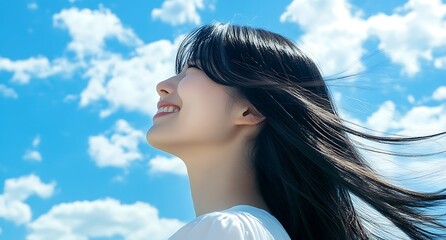 Happy young woman looking up at a bright blue sky with fluffy white clouds, her long hair blowing in the wind.