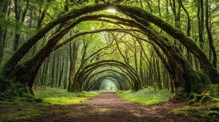 A dense forest scene with moss-covered branches arching overhead, creating a natural canopy