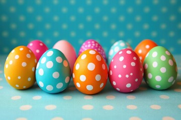 Obraz premium Colorful Polka Dot Easter Eggs on Teal Background