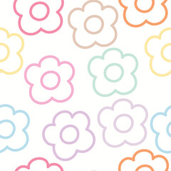 Cute line flowers pattern, flowers different colors, on white background. Kids illustration.