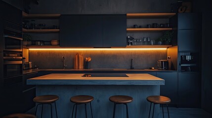 Modern Dark Kitchen Island with Wooden Stools