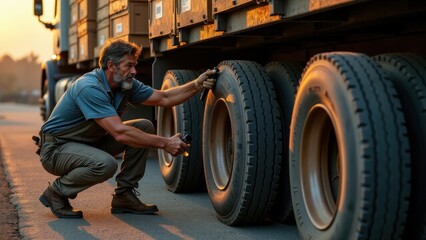 A truck driver inspecting their vehicle's tires and cargo before starting a long-distance journey