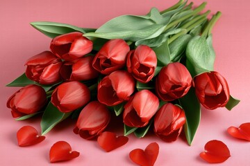 Bouquet of Red Tulips with Petals in Heart Shapes on Pink Background