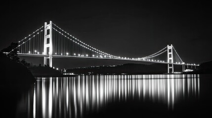 Illuminated Suspension Bridge at Night Reflecting in Water