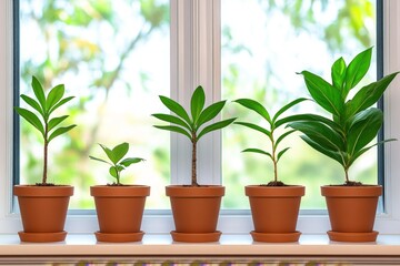 Fototapeta premium A series of potted plants arranged by size, from tiny sprouts to fully grown flowers, in a sunny windowsill