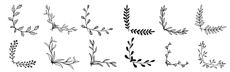 Floral hand drawn frame half corner rectangle wedding flourish doodle sketch monochrome set in minimalistic style.

