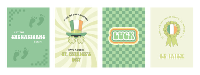 Happy groovy St. Patrick's day. Set of greeting cards, posters. Leprechaun hat, shamrock party glasses, rosette with Irish flag, leprechaun footprints, good luck wishes.