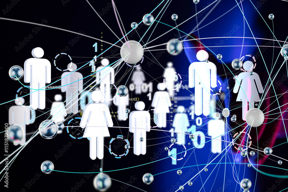 Aufkleber Global network. Blockchain. 3D illustration. Neural networks and artificial intelligence. Abstract