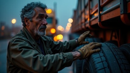 Obraz premium A truck driver inspecting their vehicle's tires and cargo before starting a long-distance journey
