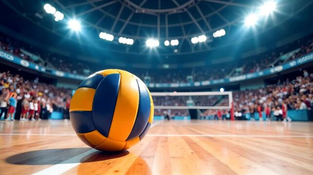 Volleyball ball against the background of a net and stands during a competition.