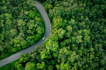 Aerial top view of electric vehicle driving on highway road in green forest. Sustainable transportation, zero emissions, and eco-friendly mobility for reducing carbon footprints. Road infrastructure.