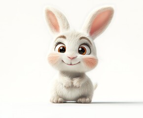 Obraz premium Adorable 3D rendered white bunny rabbit sitting, looking at camera, isolated on white background.