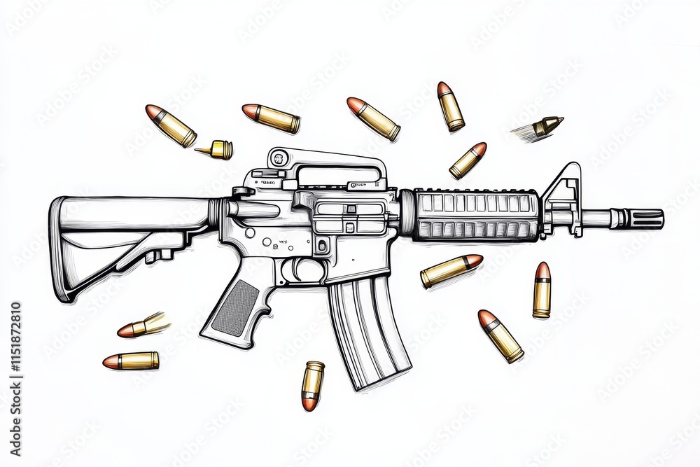 Poster a simple 2d illustration of a rifle lying flat, surrounded by scattered bullets, drawn in clean line